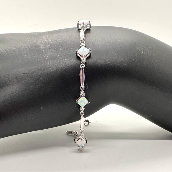 Princess Cut Lab Created Opal Bracelet with Diamond Accent - Picture 12 of 12